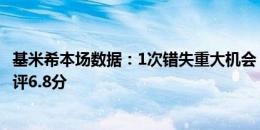 基米希本场数据：1次错失重大机会 防守端仅2拦截1抢断 获评6.8分