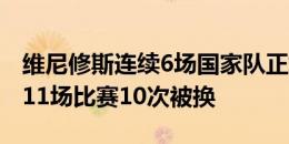 维尼修斯连续6场国家队正式比赛被换下，近11场比赛10次被换