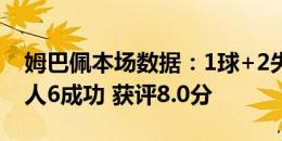 姆巴佩本场数据：1球+2失良机 6射5正 8过人6成功 获评8.0分