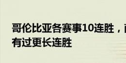 哥伦比亚各赛事10连胜，南美球队中仅巴西有过更长连胜