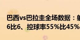 巴西vs巴拉圭全场数据：射门17比15、射正6比6、控球率55%比45%