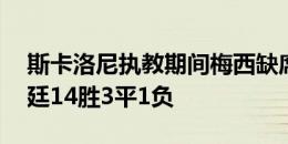 斯卡洛尼执教期间梅西缺席18场比赛，阿根廷14胜3平1负