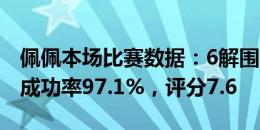 佩佩本场比赛数据：6解围3抢断&传球成功率97.1%，评分7.6