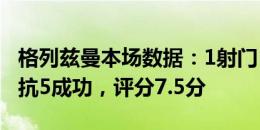 格列兹曼本场数据：1射门，1关键传球，6对抗5成功，评分7.5分