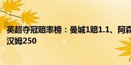 英超夺冠赔率榜：曼城1赔1.1、阿森纳1.875、利物浦7，西汉姆250