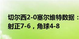 切尔西2-0塞尔维特数据：射门14-22落后，射正7-6，角球4-8