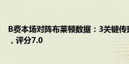 B费本场对阵布莱顿数据：3关键传球&13次丢失球权，评分7.0